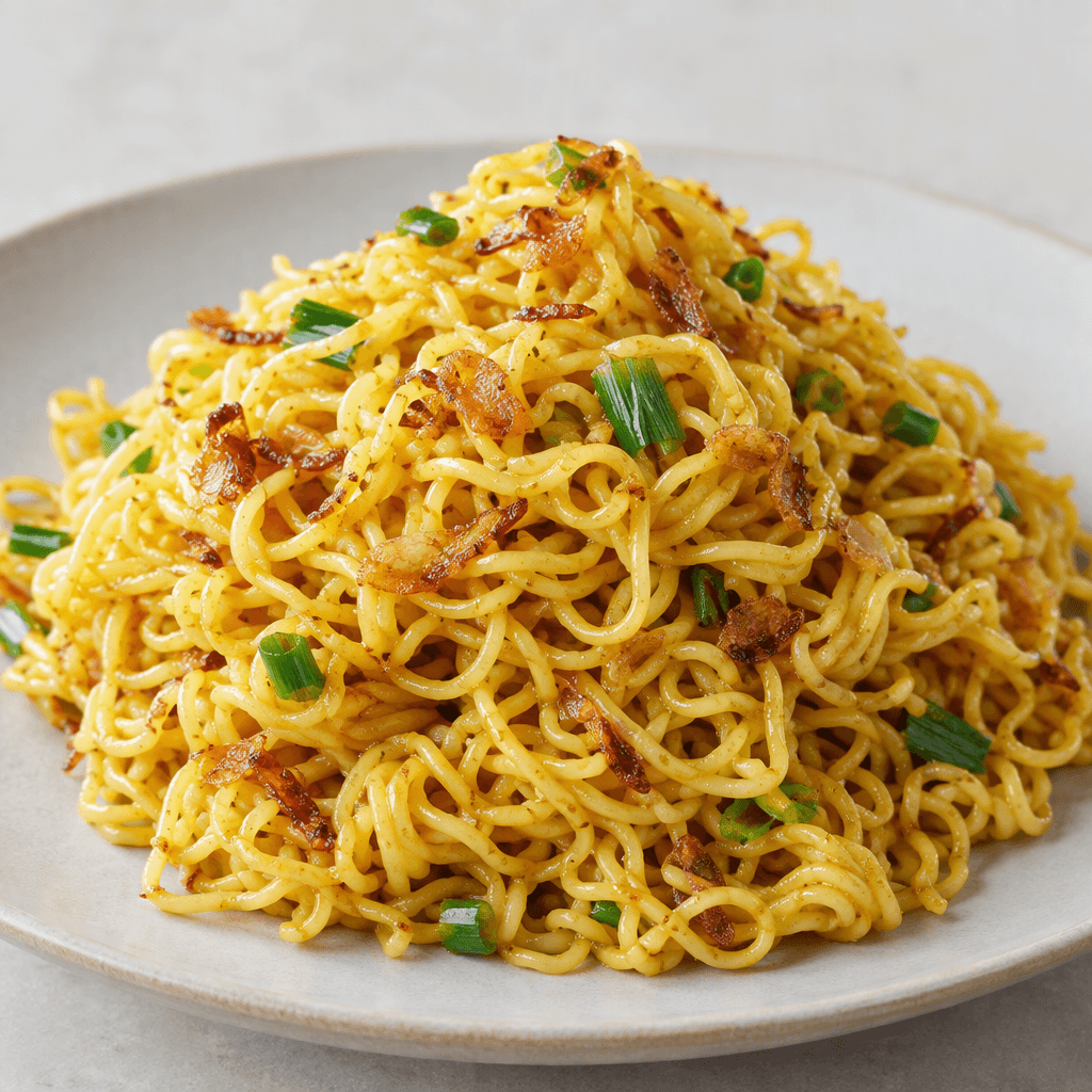 A mound of thin, curly golden-yellow noodles sits on a plate, glossy with seasoning and dotted with tiny browned onion flakes and a few green pieces.