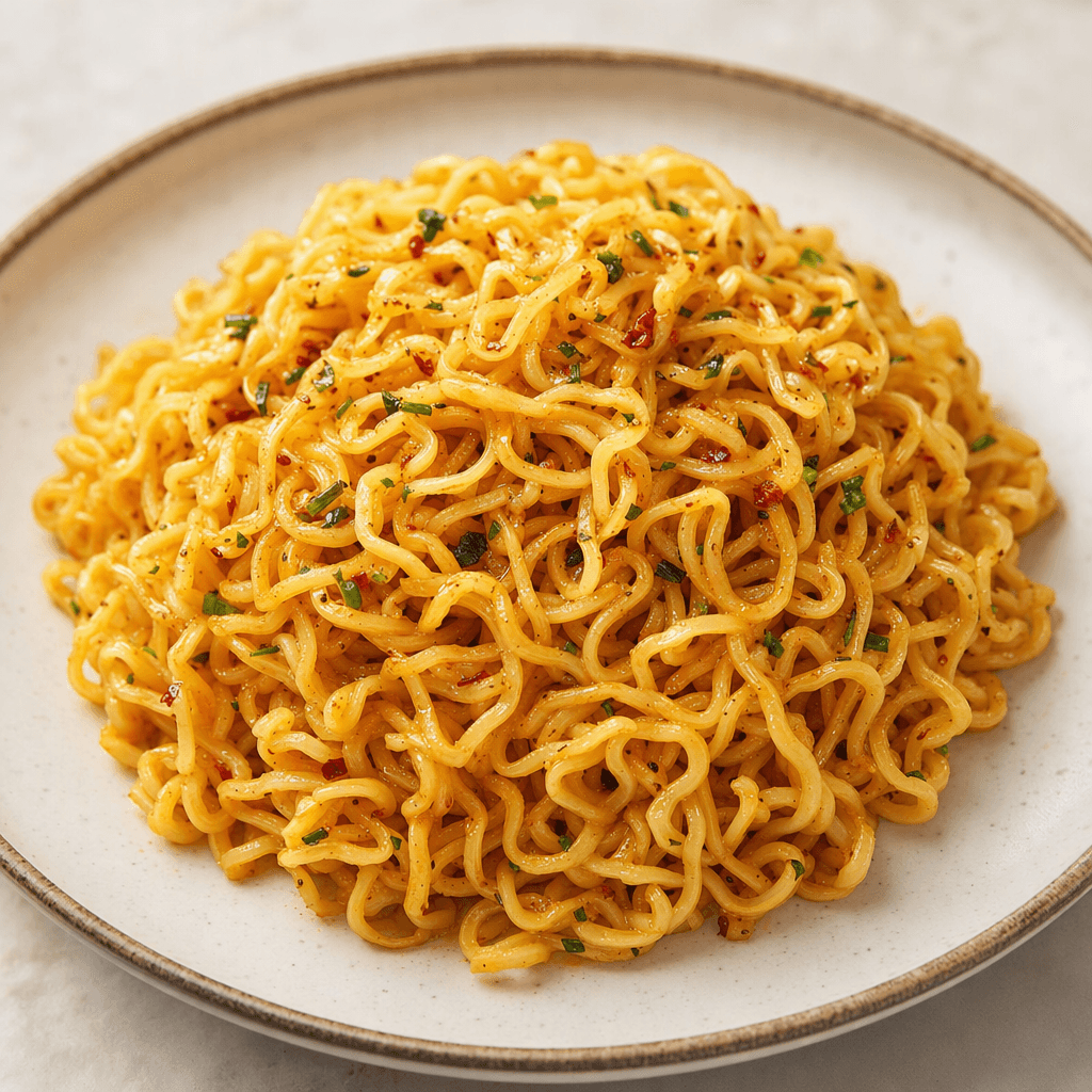 A small mound of thin, golden-yellow wavy noodles with a glossy coating and scattered green and reddish seasoning flecks, served on a plate.