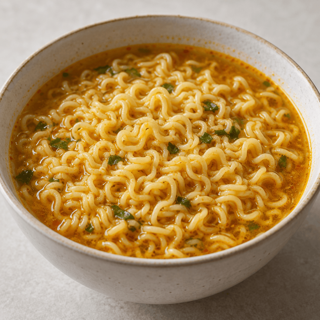 A bowl of thin, tightly curled yellow noodles sits in a clear golden-orange curry broth, with the strands visible above the surface.