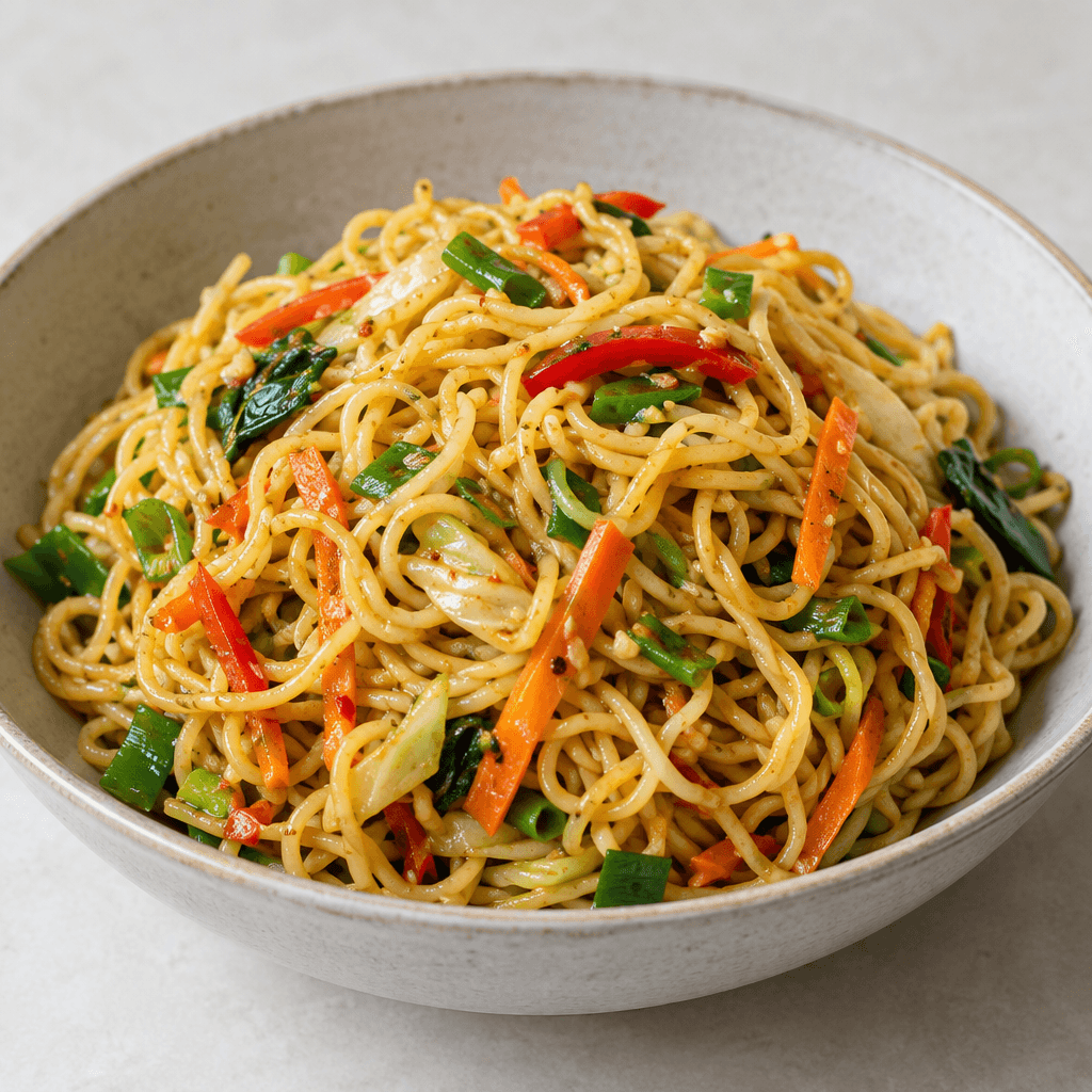 A loose mound of thin, curly yellow noodles, glossy with seasoning and dotted with small pieces of vegetables, sits in a shallow bowl.