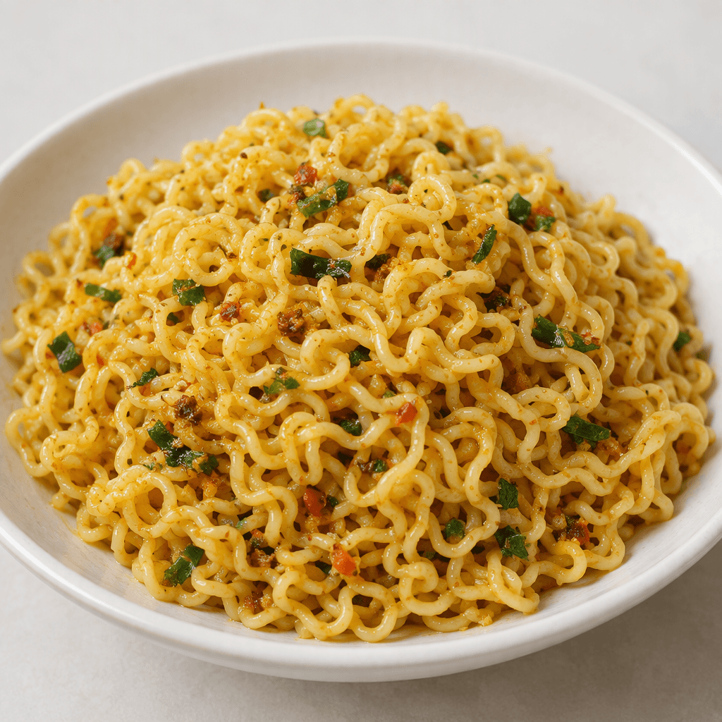 A serving of thin, wavy golden-yellow noodles sits in a loose mound, lightly glossy with seasoning and scattered with small green and brown flecks.