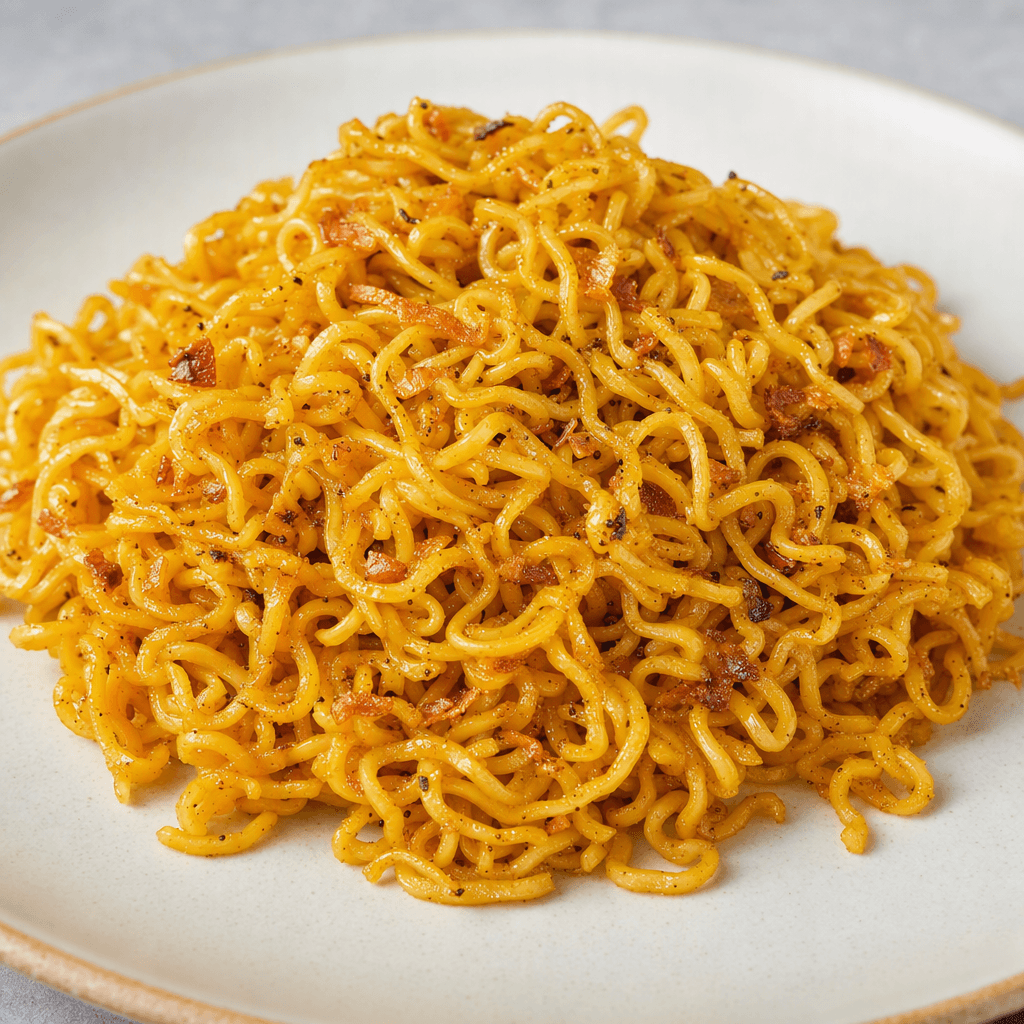 A small mound of thin, tightly curled golden-yellow noodles sits on a plate, lightly glossy and dotted with dark seasoning flecks and tiny crisp onion pieces.