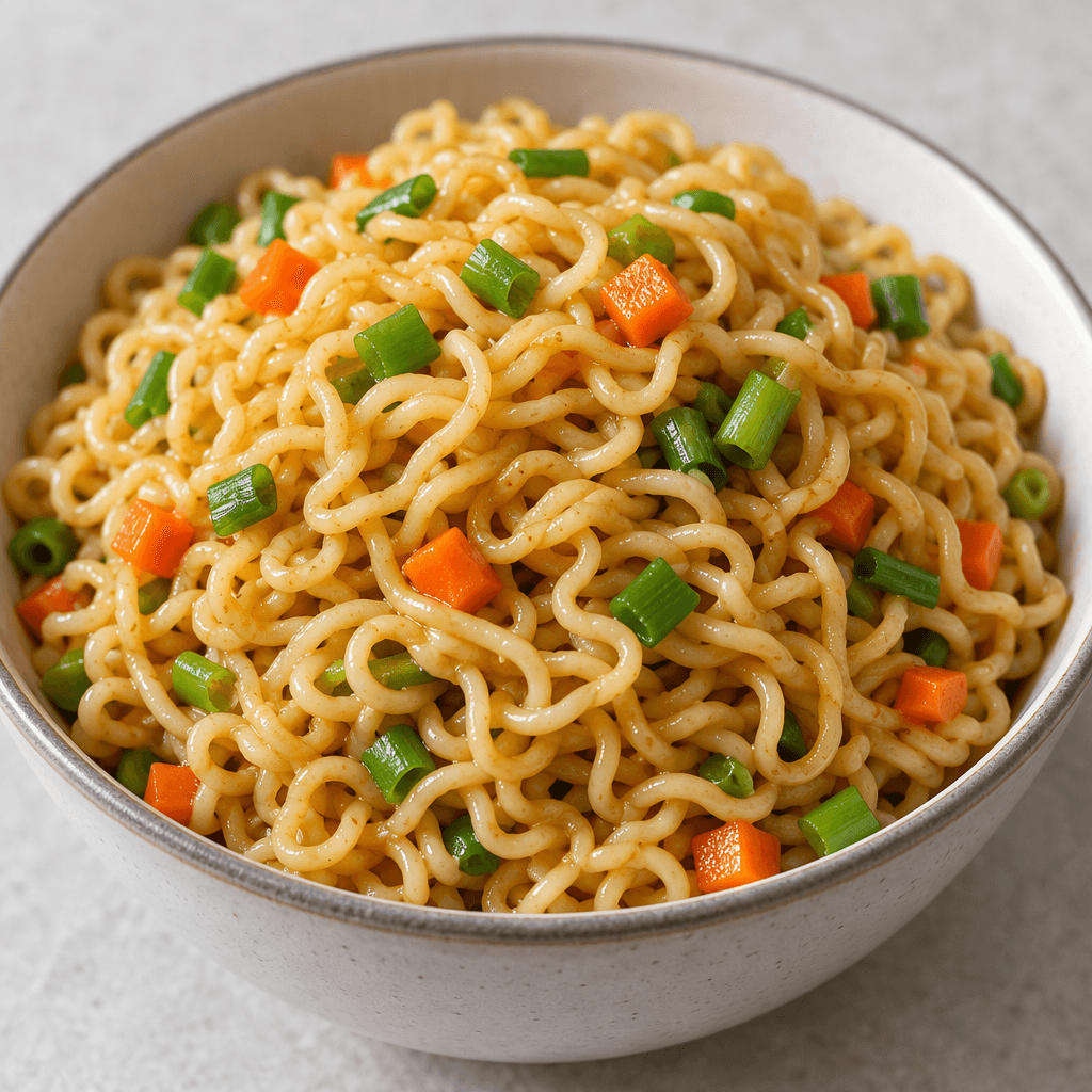 A mound of thin, wavy golden noodles sits in a bowl, dotted with small green and orange vegetable pieces.
