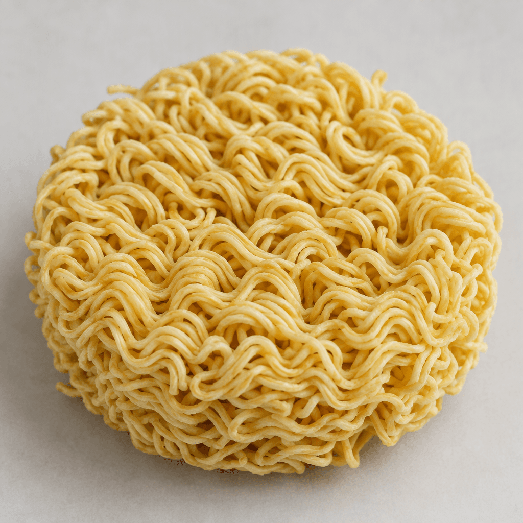 A compact, pale golden-yellow cake of dry noodles, formed from thin strands tightly curled into dense, wavy ridges.