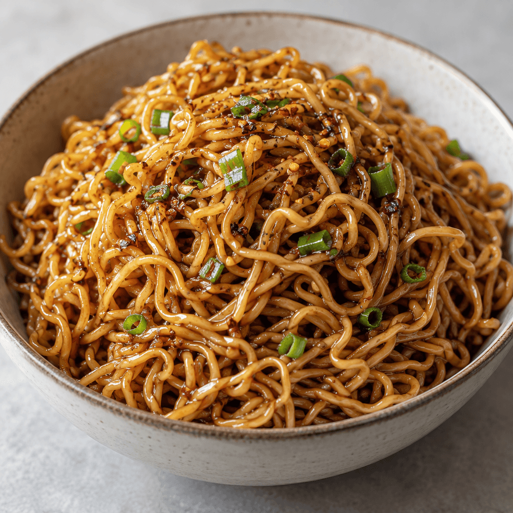 A mound of thin, curly golden noodles sits in a bowl, the strands glossy with dark brown soy sauce and lightly speckled with seasoning.