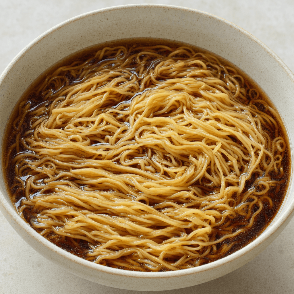 A bowl of thin, wavy noodles sits in a clear, deep-brown soy sauce broth, with the strands lightly stained golden brown.