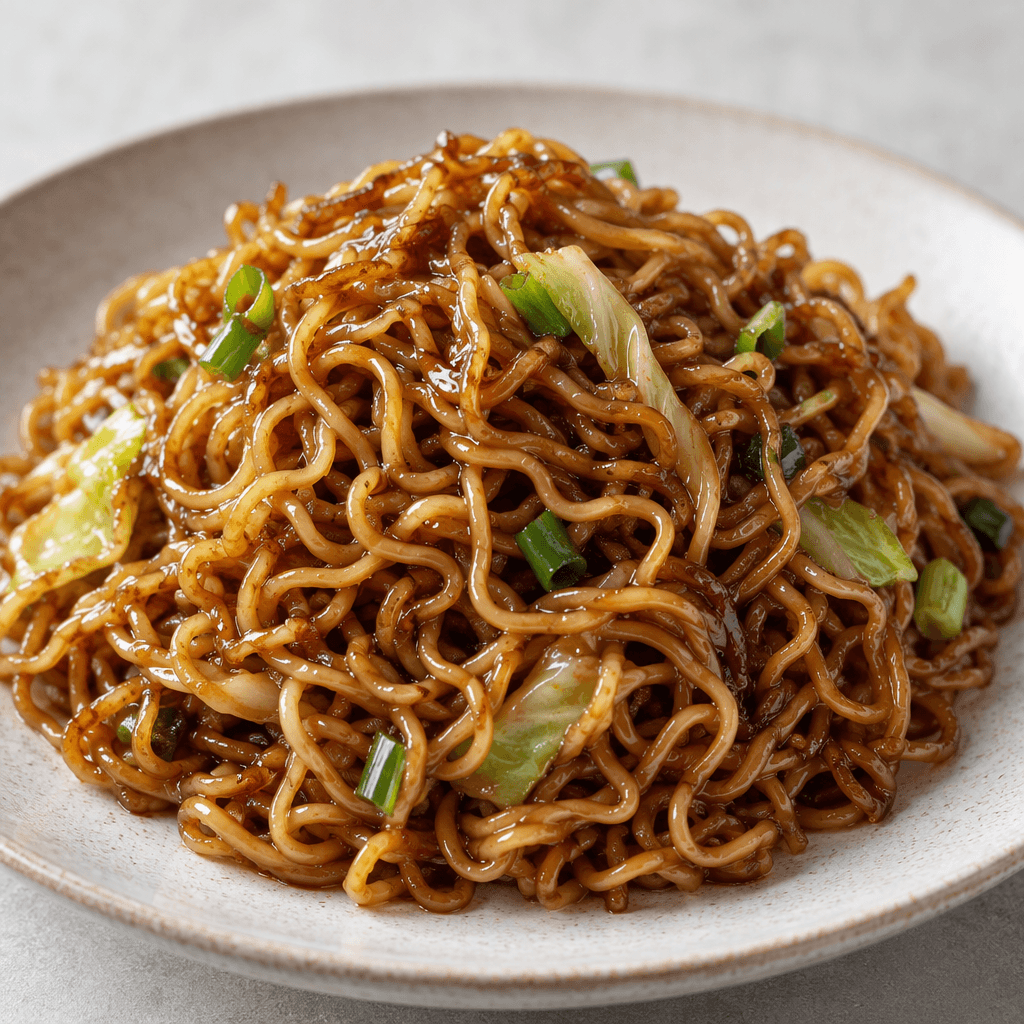 A small mound of thin, wavy yellow noodles coated in a glossy deep-brown sauce, with a few pale green vegetable flecks, sits on a plate.