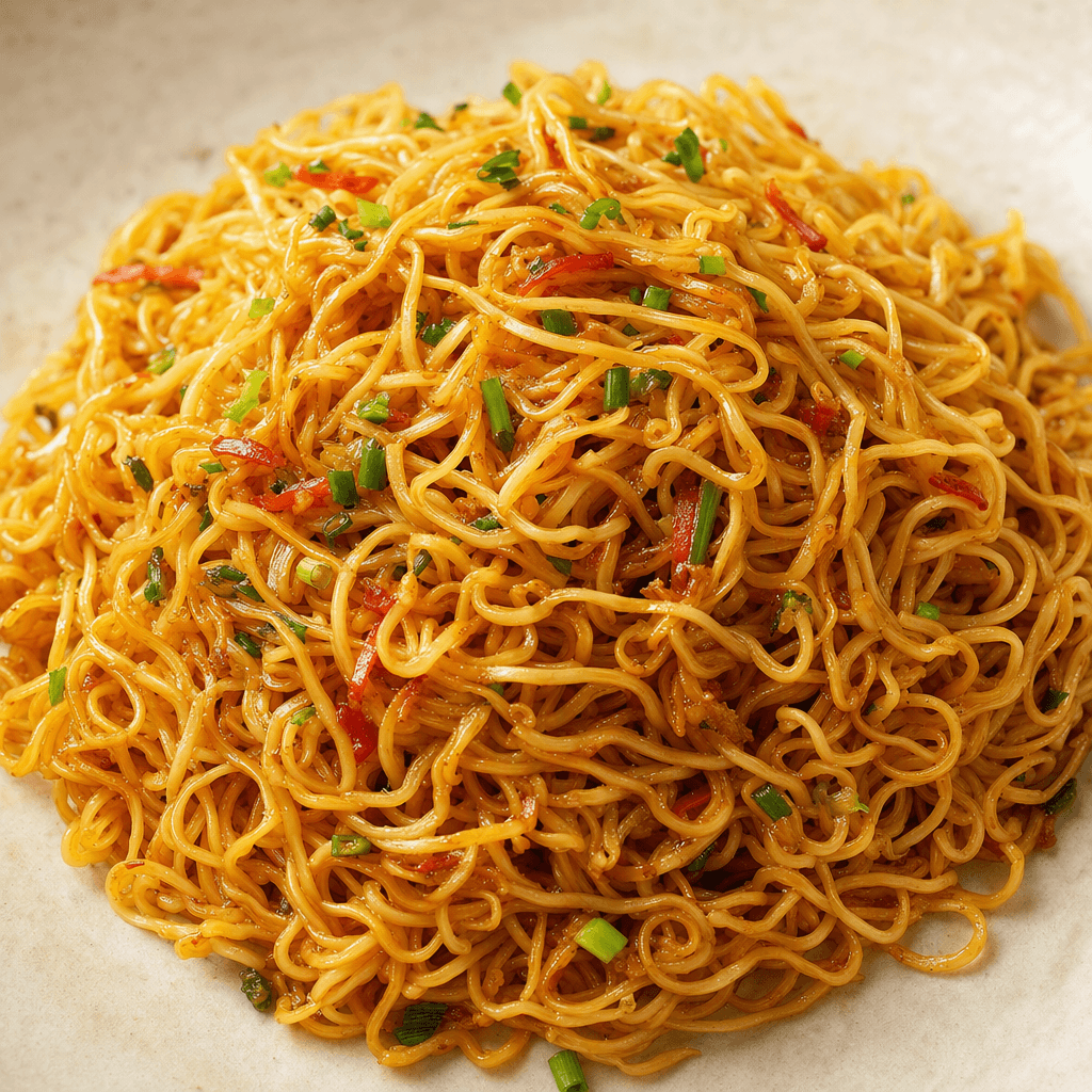 Thin, curly golden-yellow noodles sit in a loose mound, lightly coated in glossy brown seasoning with tiny green and reddish flecks.