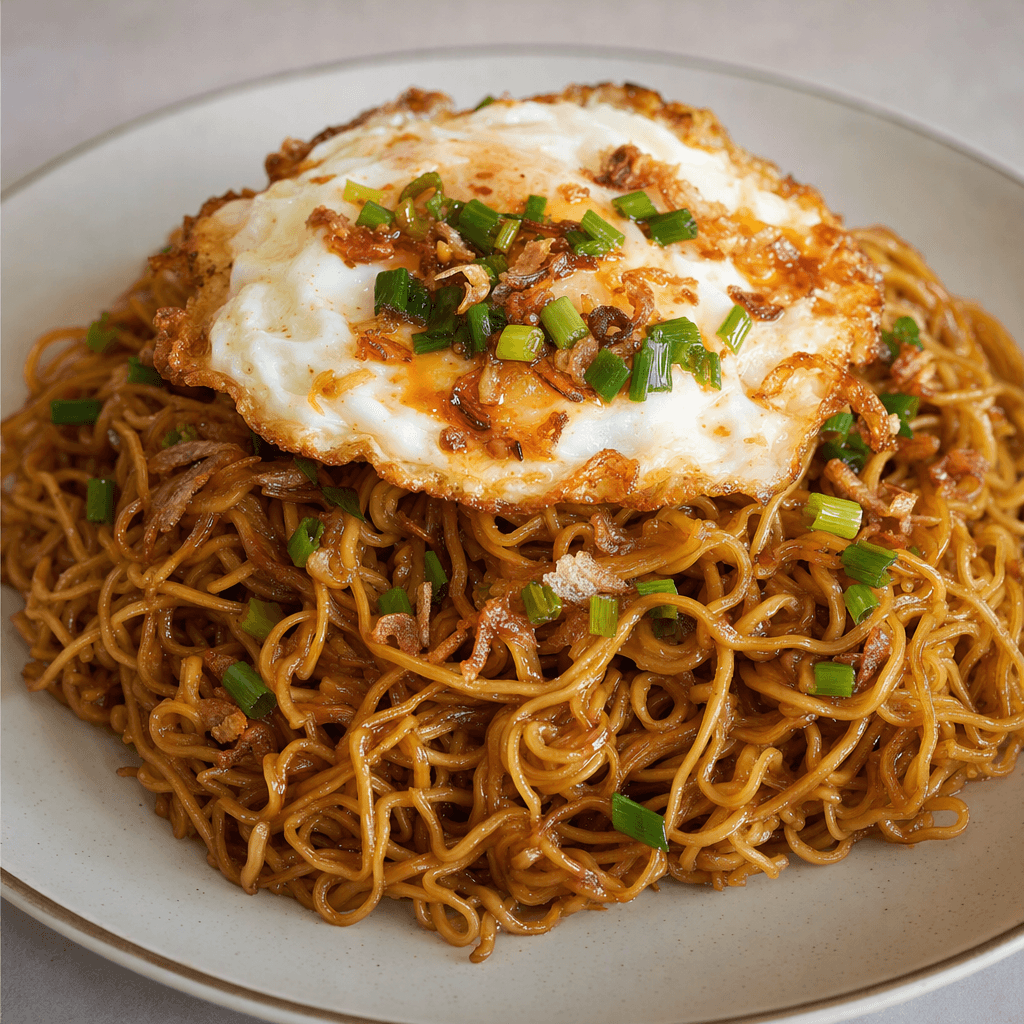 A mound of thin, springy golden noodles coated in glossy brown sauce sits on a plate, topped with a fried egg, chopped green onion, and small crisp fried shallots.
