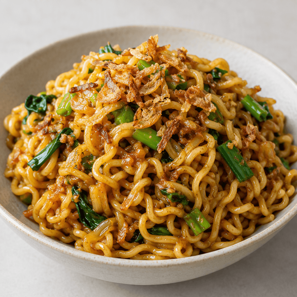 Curly, golden-yellow noodles coated in a glossy brown sauce sit in a loose mound, dotted with small green vegetable pieces and crisp fried onion.