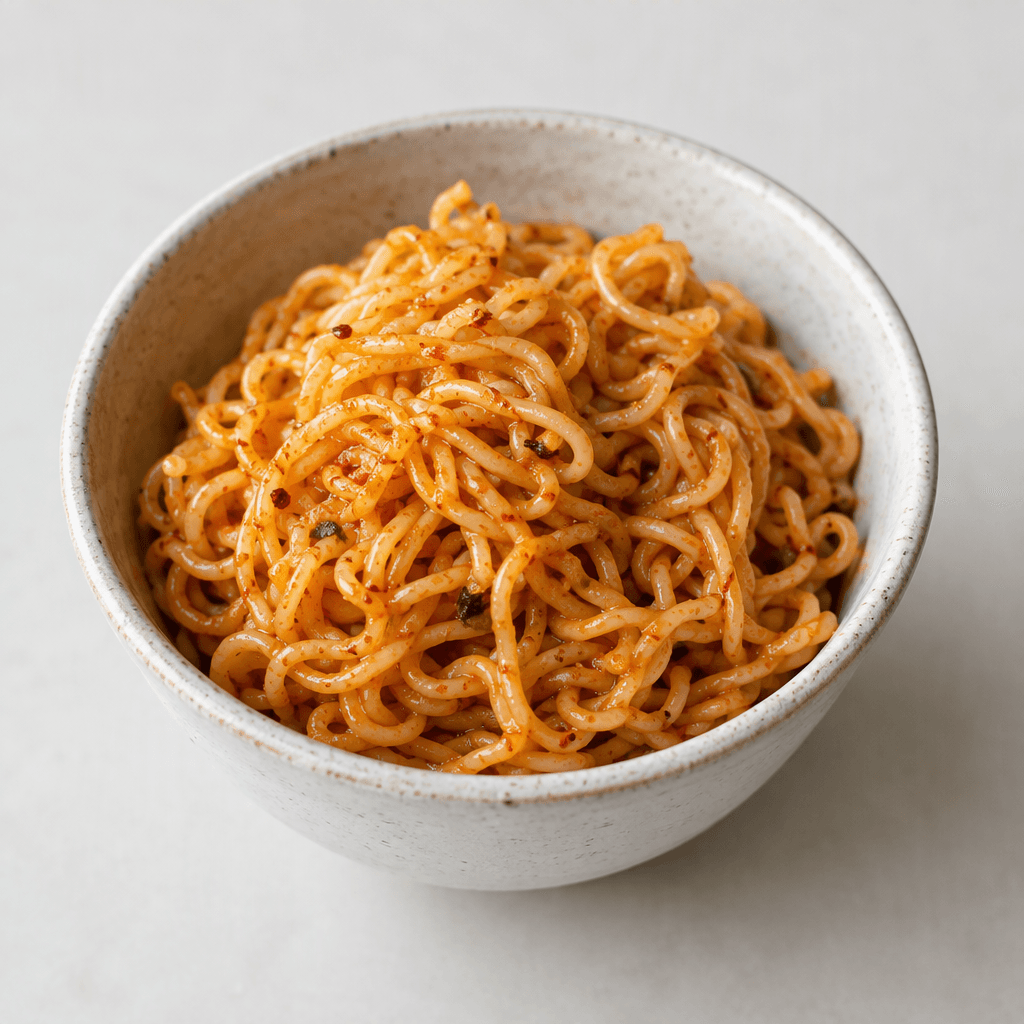 A half portion of thin, curly yellow noodles sits in a small bowl, lightly coated in glossy reddish-orange spicy seasoning with a few tiny seasoning flecks visible.