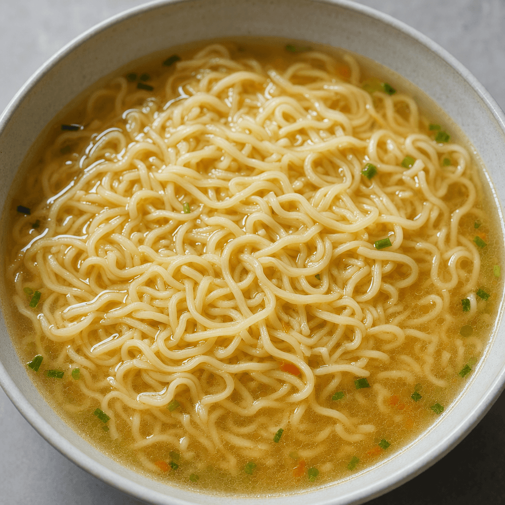 Thin, pale-golden wavy noodles sit in a bowl of clear golden broth, with a few tiny green and orange seasoning flecks visible on the surface.