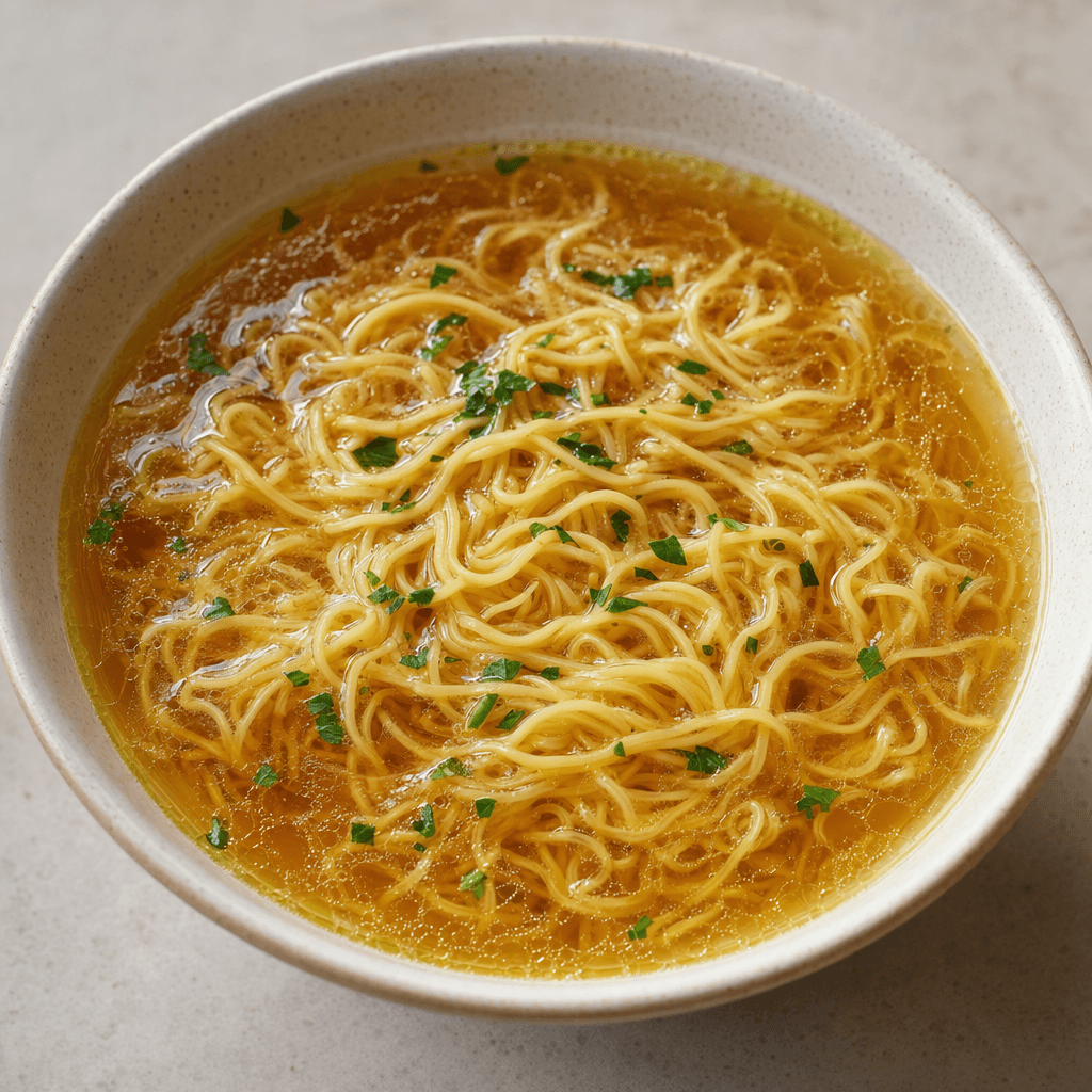 Thin, wavy golden noodles sit in a shallow bowl of clear amber broth, dotted with a few small green herb flecks.