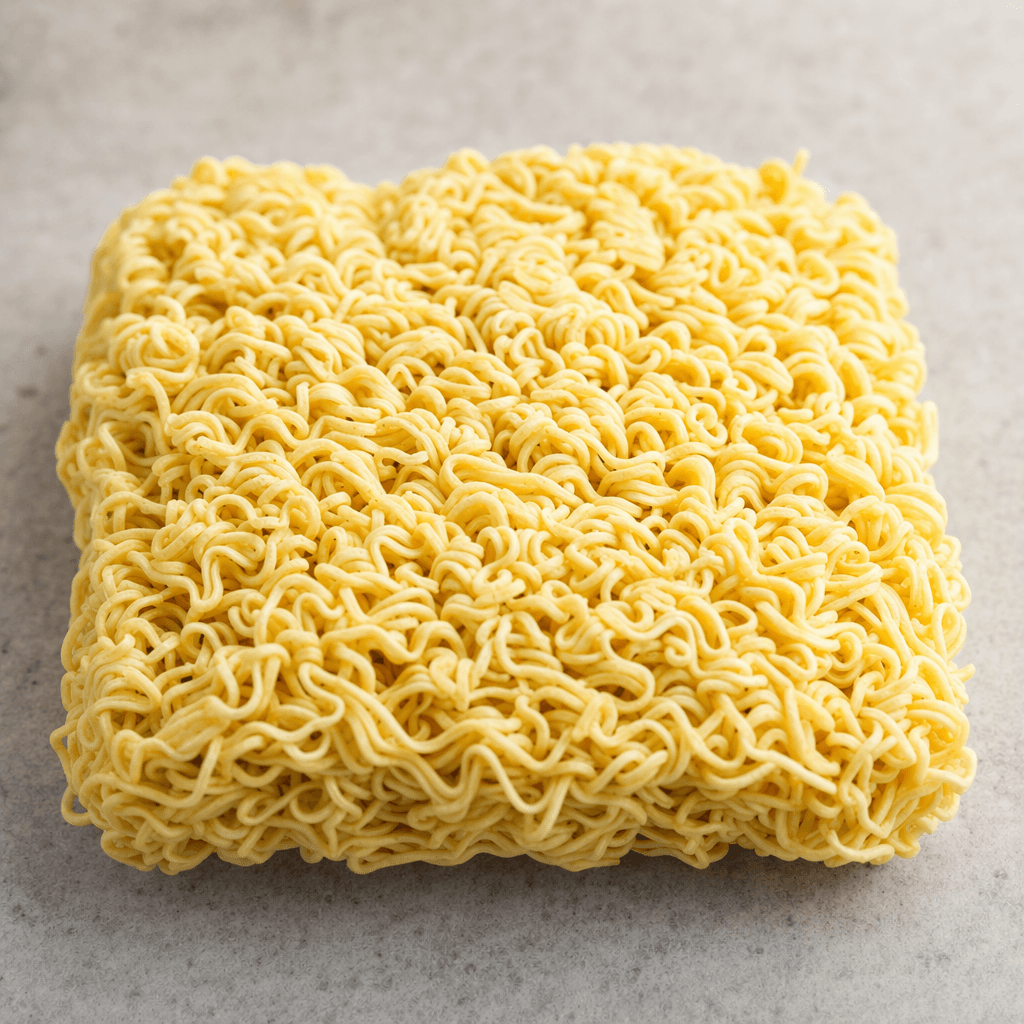 A compact, rectangular cake of dry, tightly curled, pale golden-yellow noodles with a rough, ridged surface and wispy strands at the edges.