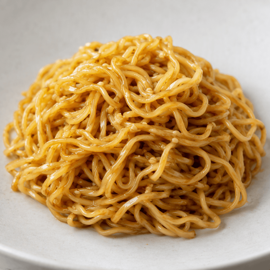 Thin, wavy golden-yellow noodles lightly coated in glossy brown sauce sit in a small mound, with a few pale seasoning flecks visible among the strands.