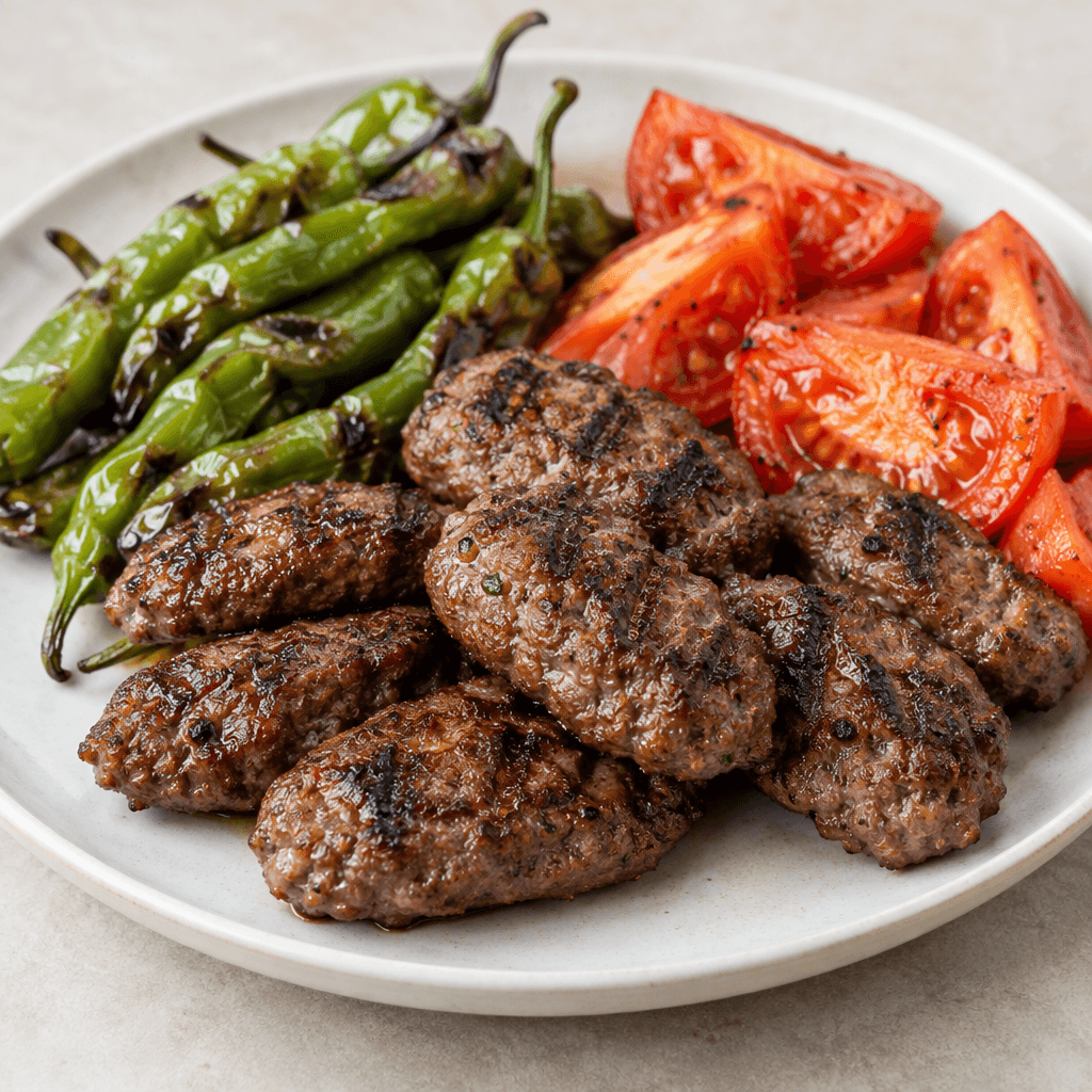 Small, elongated and slightly flattened beef meatballs with a coarse, juicy-looking surface, deeply browned edges and scattered dark grill marks, arranged on a plate beside blistered green peppers and tomato wedges.