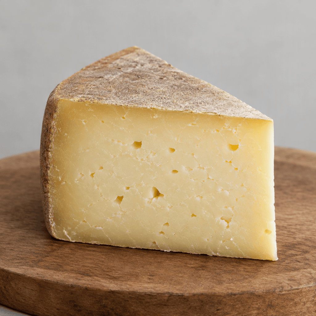 A wedge of aged cow’s milk cheese with a firm, dense ivory-to-pale-yellow body, a slightly darker dry rind, and a few small irregular holes, resting on a plain serving board.