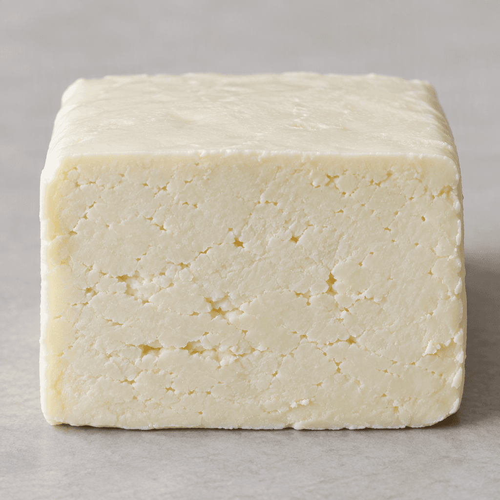 A pale ivory-white cow’s-milk cheese sits in a neat rectangular block, with a smooth, slightly moist surface and a dense, faintly crumbly cut face.