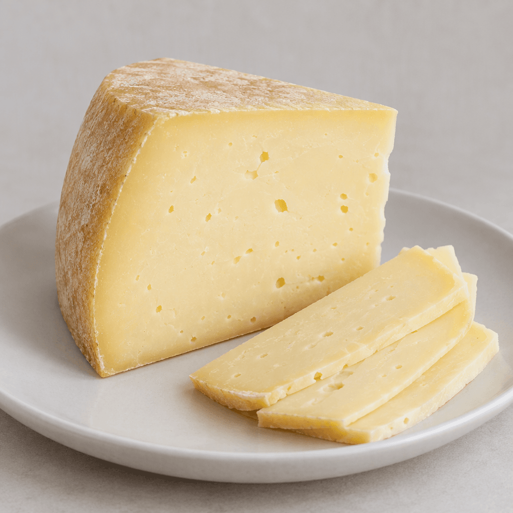 Pale ivory to straw-yellow cow’s milk cheese is arranged as a firm wedge with a smooth cut surface, a few small irregular holes, and thin slices beside it on a plain plate.