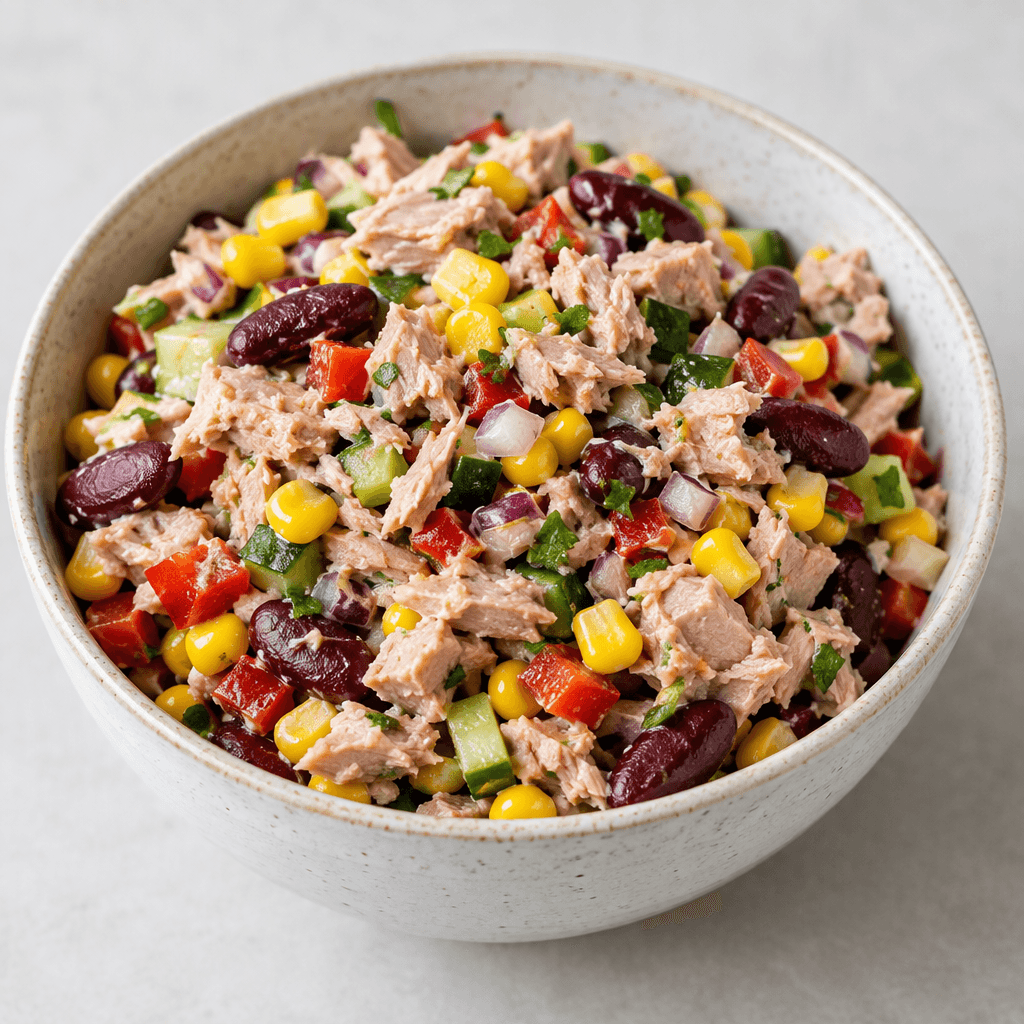 Flaked pale-pink tuna is mixed with bright yellow corn kernels, red kidney beans and small diced vegetables, forming a moist, colorful salad served in a bowl.