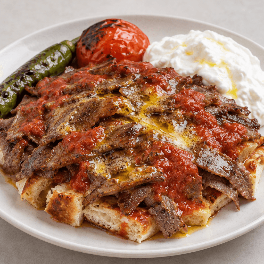 Thin, overlapping slices of browned döner meat rest on small cubes of soft Turkish pide, covered with glossy red tomato sauce and accompanied by a mound of thick white yogurt, with melted golden butter pooling over the meat and a grilled green pepper and tomato at the side.