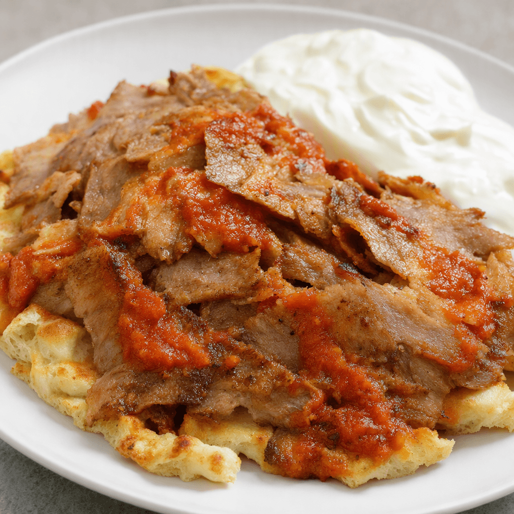 Kızarmış döner etinin ince dilimleri, lokmalık açık renkli pide parçalarının üzerine dizilmiş; üstüne kırmızı domates sosu gezdirilmiş ve yanında beyaz yoğurt sunulmuş, tereyağı görünmüyor.