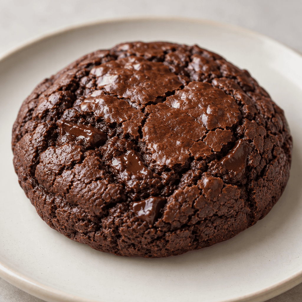 A thick, round, dark-brown cookie with a glossy, lightly cracked top and a dense, soft-looking center, resting on a plain plate.