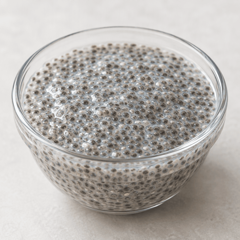 Black and gray chia seeds appear swollen and suspended in a translucent, slightly milky gel, served in a small clear glass bowl.