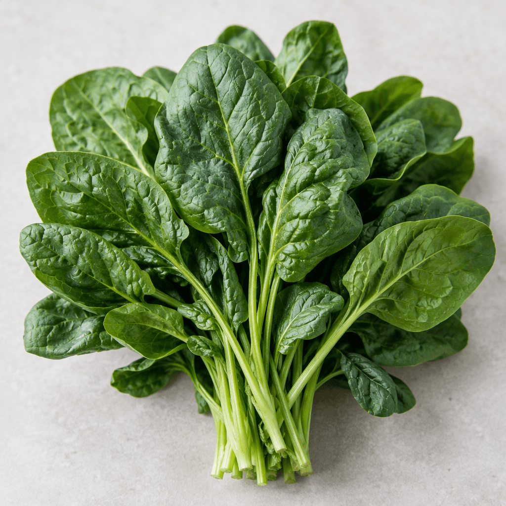 Fresh spinach appears as a loose bunch of broad, crinkled deep-green leaves with thin pale-green stems and visible veins.