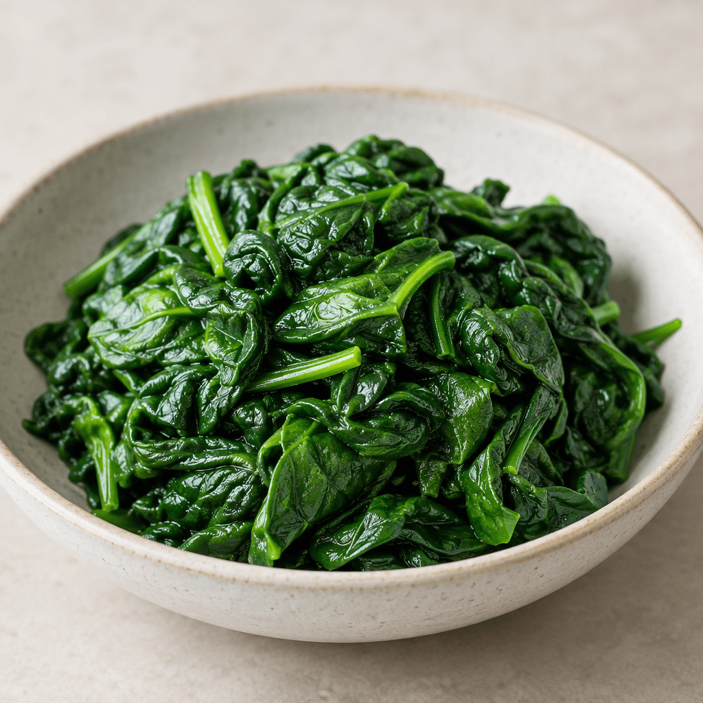 A small mound of wilted, deep green spinach leaves with soft, slightly crinkled edges and a moist sheen, loosely piled in a shallow dish.