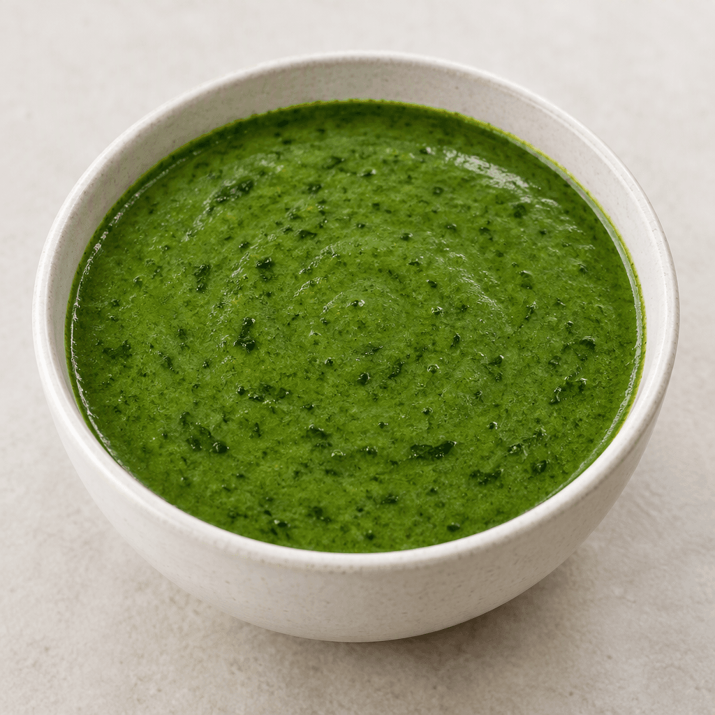 A bowl of smooth, creamy deep-green spinach soup with a thick, velvety surface and a few visible spinach flecks, served warm with no additional garnish.