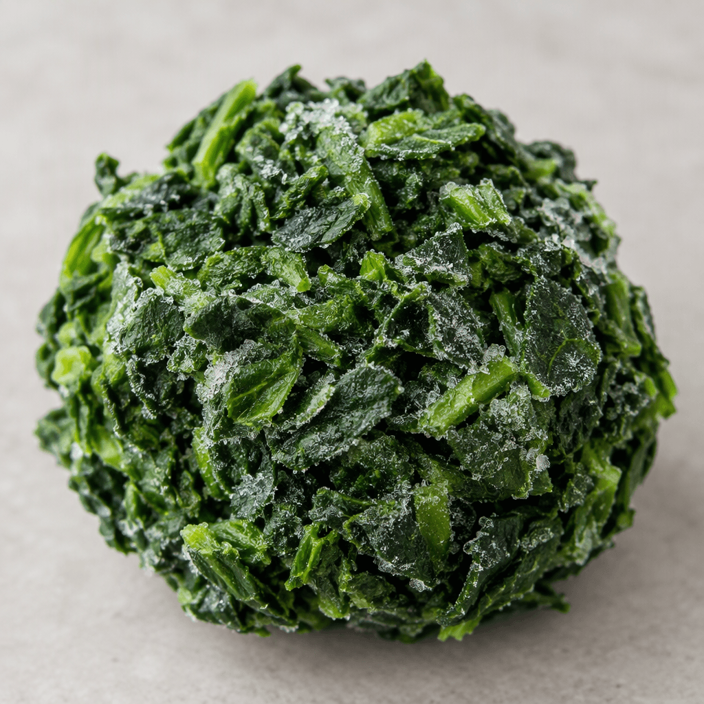 Dark green spinach leaves, finely chopped into irregular pieces and gathered in a loose, compact frozen mound with a slightly icy, frosted surface.