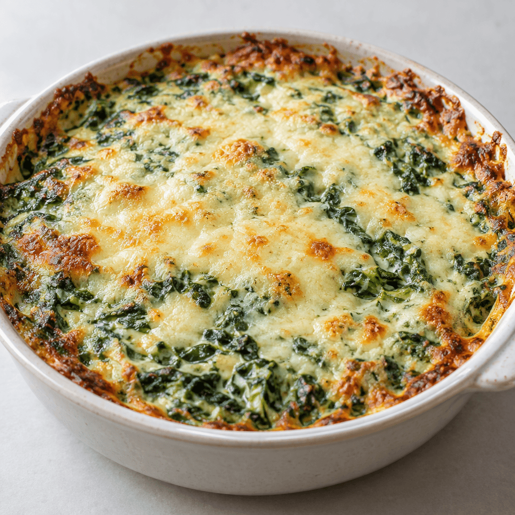 Creamy chopped spinach fills a shallow baking dish beneath a pale golden, lightly browned layer of melted cheese, with a soft, bubbling surface and a few darker toasted patches around the edges.