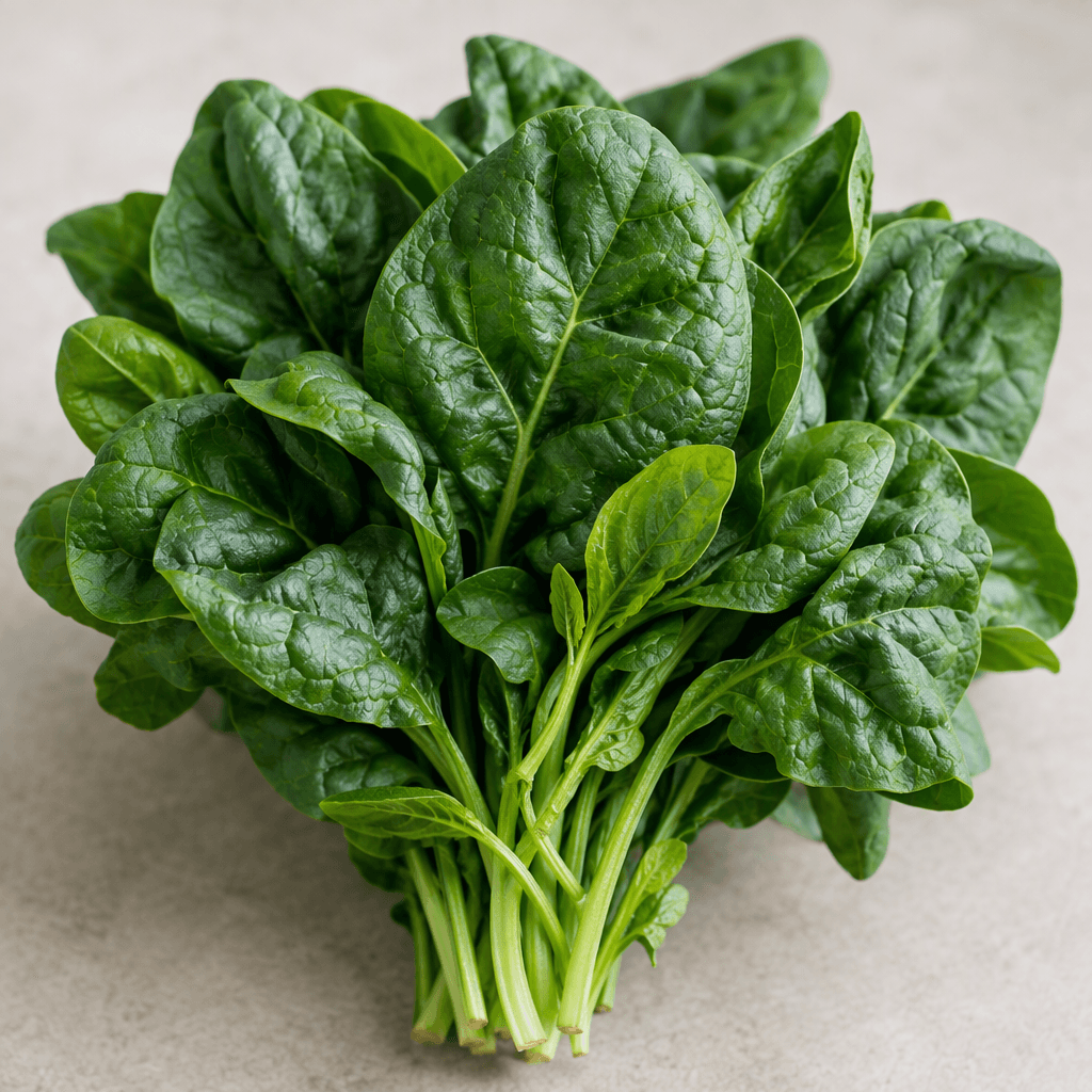 A loose bunch of fresh spinach with overlapping broad, crinkled deep-green leaves, thin pale-green stems, and a few small tender leaves visible among the larger ones.