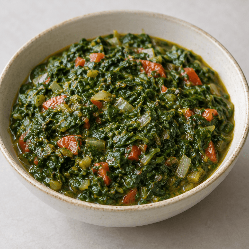 A shallow bowl holds a thick, moist stew of finely chopped dark-green spinach, with small red tomato pieces and pale onion bits visible throughout, finished with a light sheen of broth.
