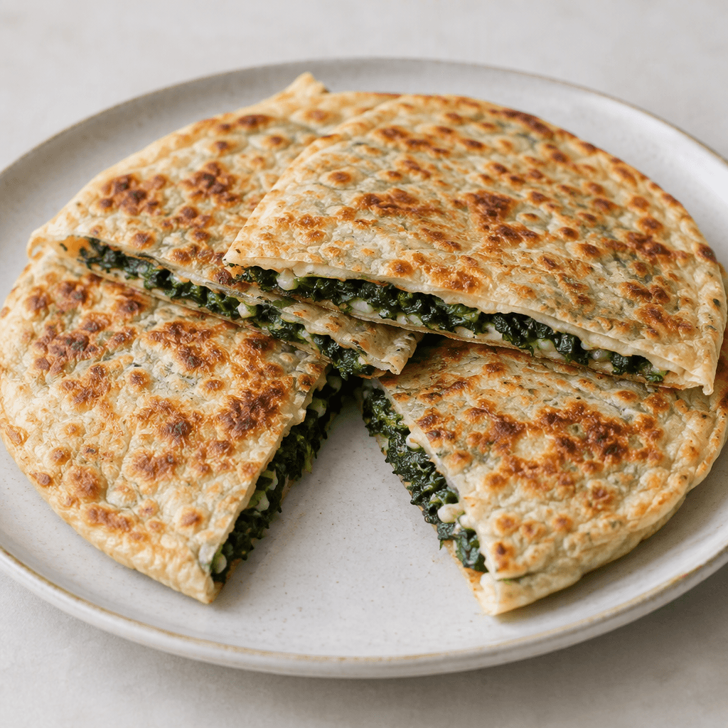 A thin, folded gözleme with a rustic round shape, golden-brown blistered patches on its surface, and dark green spinach filling visible along the cut edges, served in triangular pieces on a plate.