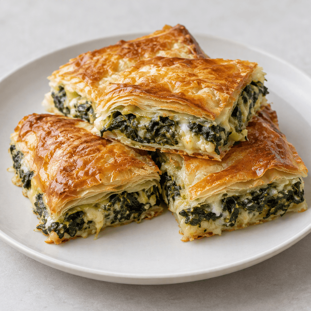 Dışı altın kahverengi ve kat kat çıtır hamurdan oluşan, içinde görünen koyu yeşil ıspanak ile açık saman sarısı erimiş peynir bulunan börek, dikdörtgen parçalara kesilerek sade bir servis tabağına dizilmiş; kenarları belirgin katmanlı ve yüzeyi hafif parlaktır.