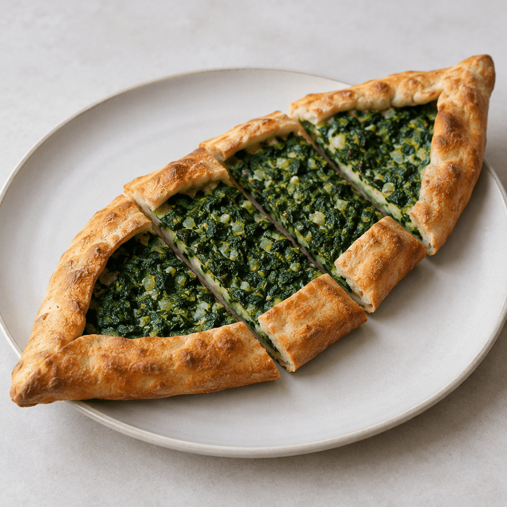 An elongated boat-shaped flatbread with raised, folded edges, a golden-brown crust, and a layer of finely chopped dark-green spinach filling visible across the center, served in slices on a plate.