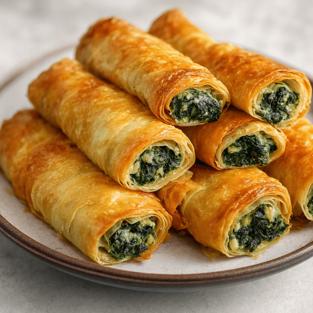 Several slim, golden-brown pastry rolls with crisp, flaky layers are arranged on a plate, with leafy green spinach filling visible at their cut ends.
