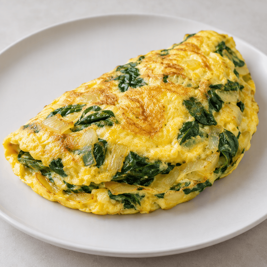 Yumuşak kıvamlı, altın sarısı yüzeyli, içinde koyu yeşil ıspanak yaprakları ve yarı saydam soğan parçaları görünen kalın, katlanmış bir omlet düz bir tabakta servis edilir.