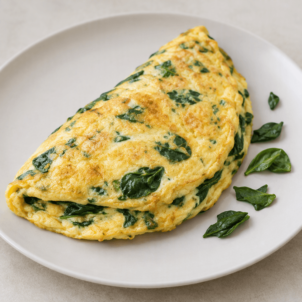 Sade bir tabakta servis edilen, içi yumuşak görünen, açık altın sarısı yüzeyi boyunca koyu yeşil ıspanak parçaları bulunan katlanmış omlet ve yanında birkaç dağınık ıspanak parçası.