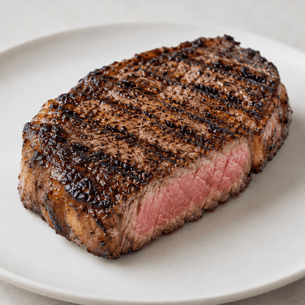 A thick beef steak with a deeply browned, slightly charred crust, distinct dark grill marks, a firm rectangular shape, and a warm pink center visible along one cut edge, served on a plain plate.
