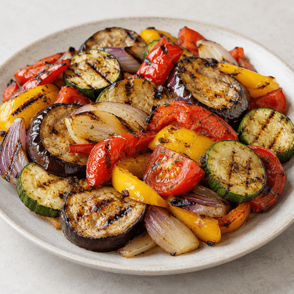 Slices and chunks of zucchini, eggplant, red and yellow bell peppers, onion, and tomato are arranged on a serving plate, showing softened edges, glossy surfaces, and dark brown grill marks in varied green, purple, red, yellow, and white tones.