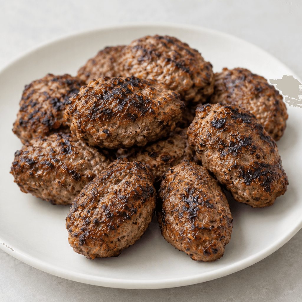Several small, oval grilled meatballs with a lean, coarse-textured surface, deep brown crust, and scattered darker grill marks are arranged on a plain plate.