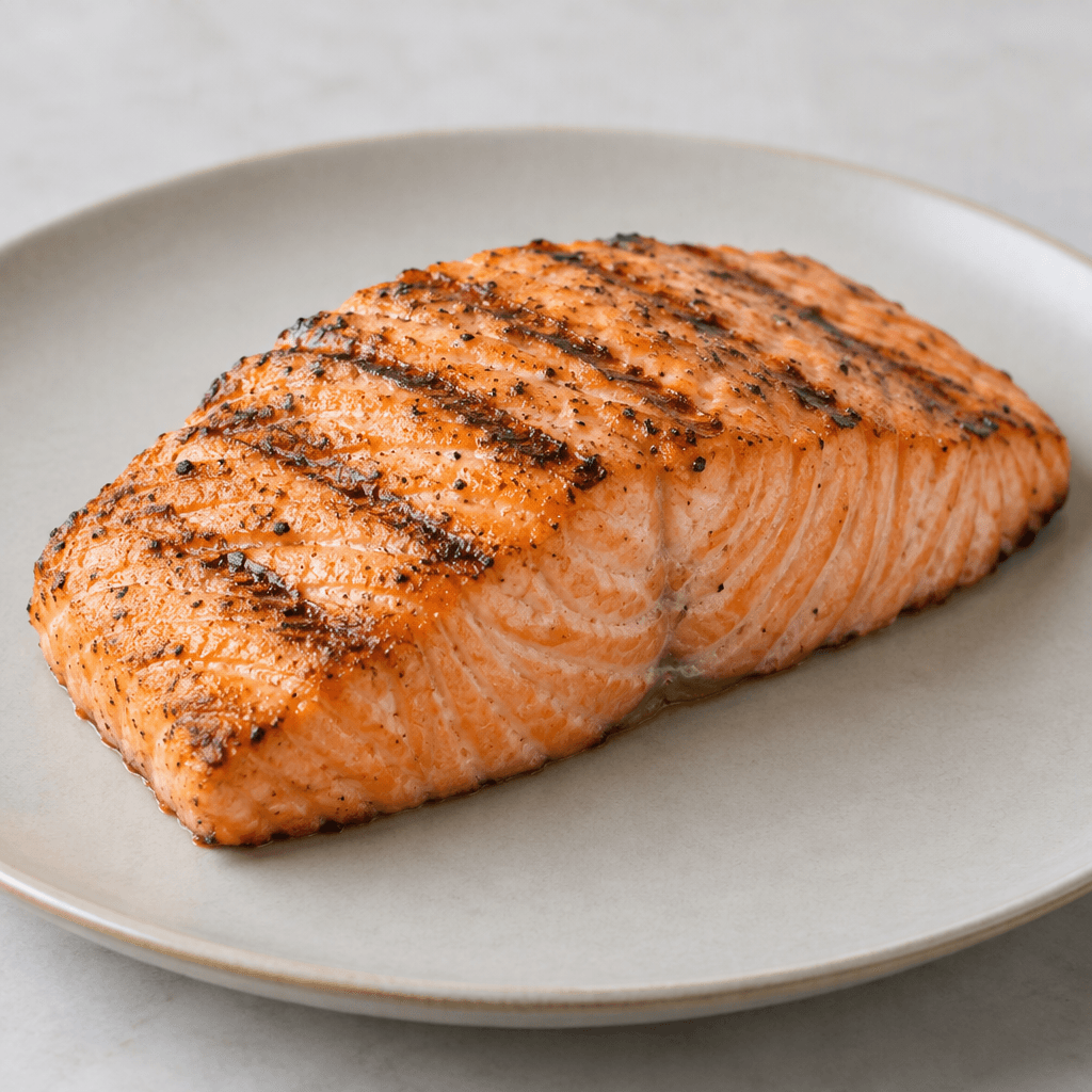 A thick, skinless salmon fillet with a coral-pink interior, opaque flaky flesh, lightly browned edges, and distinct dark grill marks across its surface, resting on a plate.