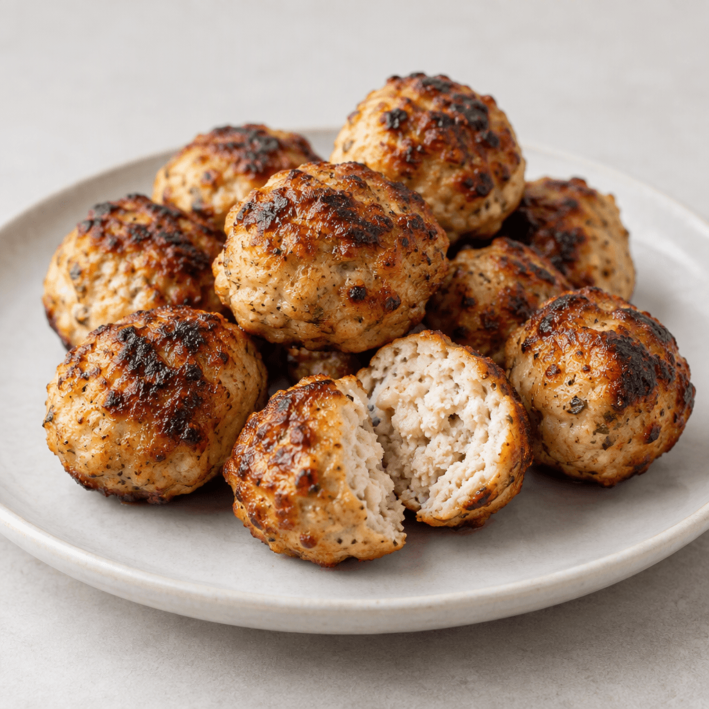 Small round chicken meatballs with an uneven hand-formed surface, golden-brown to deep brown on the outside with darker grilled patches and lightly charred edges, arranged on a plate with a tender-looking pale interior visible where one is cut open.