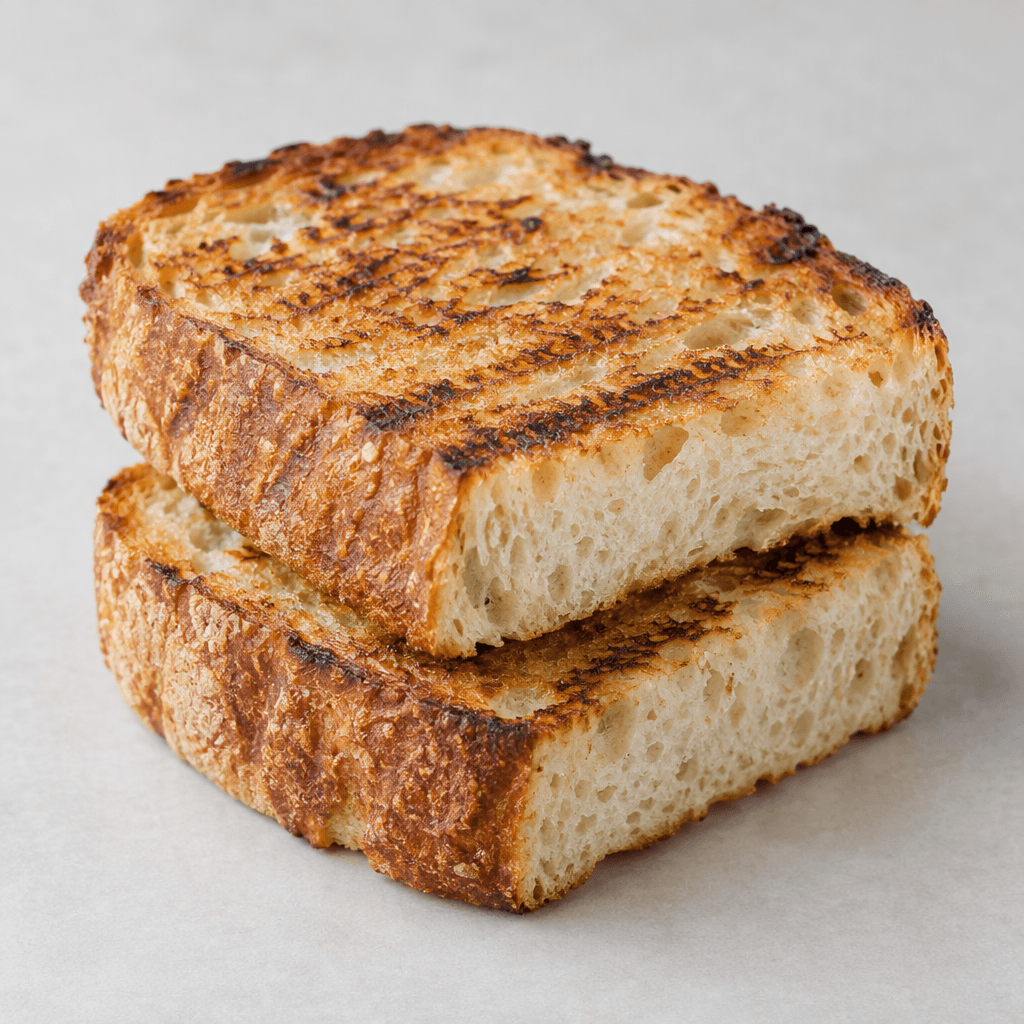 Two thick rectangular slices of bread are stacked slightly askew, with a golden-brown toasted crust, darker grill marks, and a pale, airy interior visible along the cut edges.