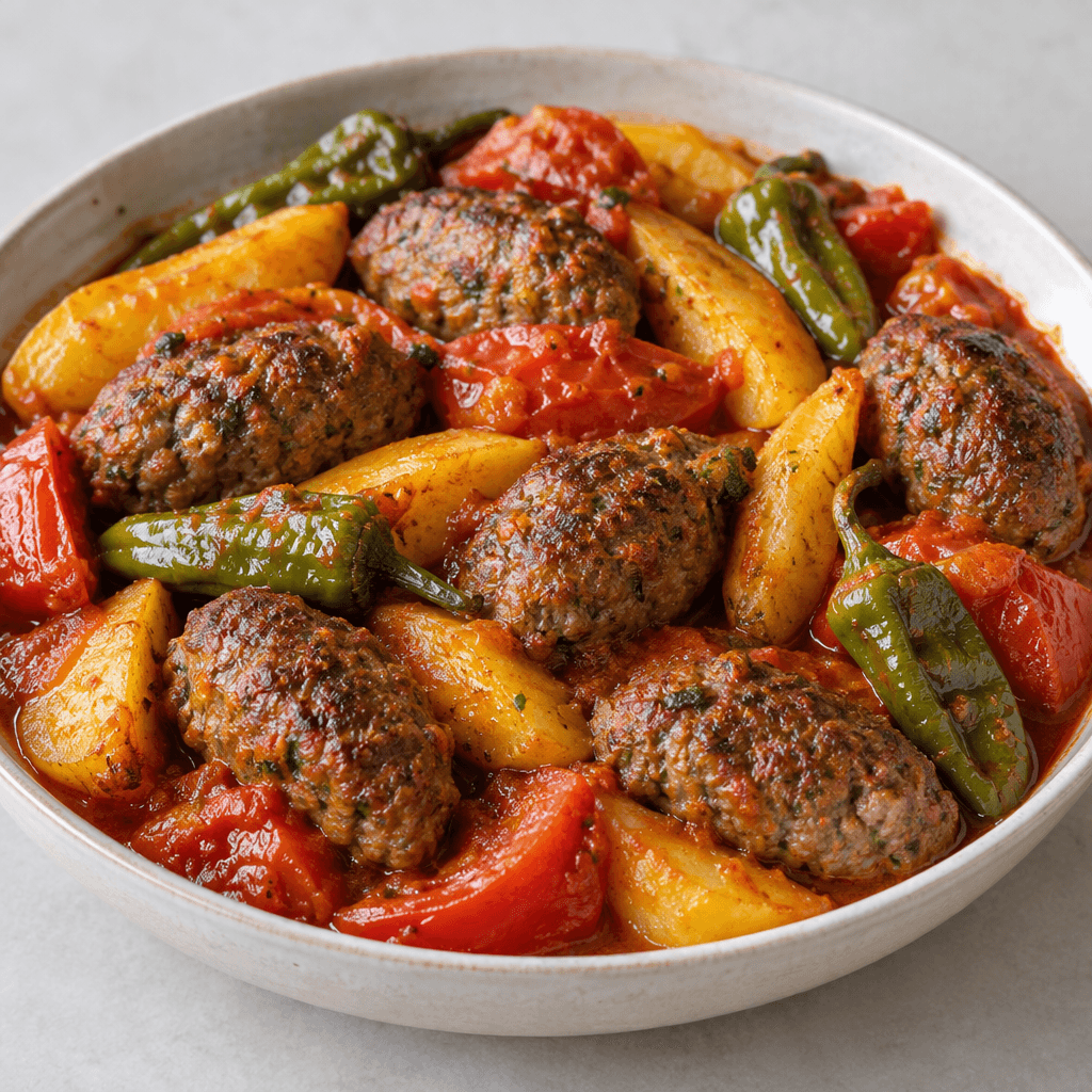 Oblong browned meatballs sit among golden potato wedges, red tomato pieces, and whole green peppers in a shallow dish coated with glossy red tomato sauce.