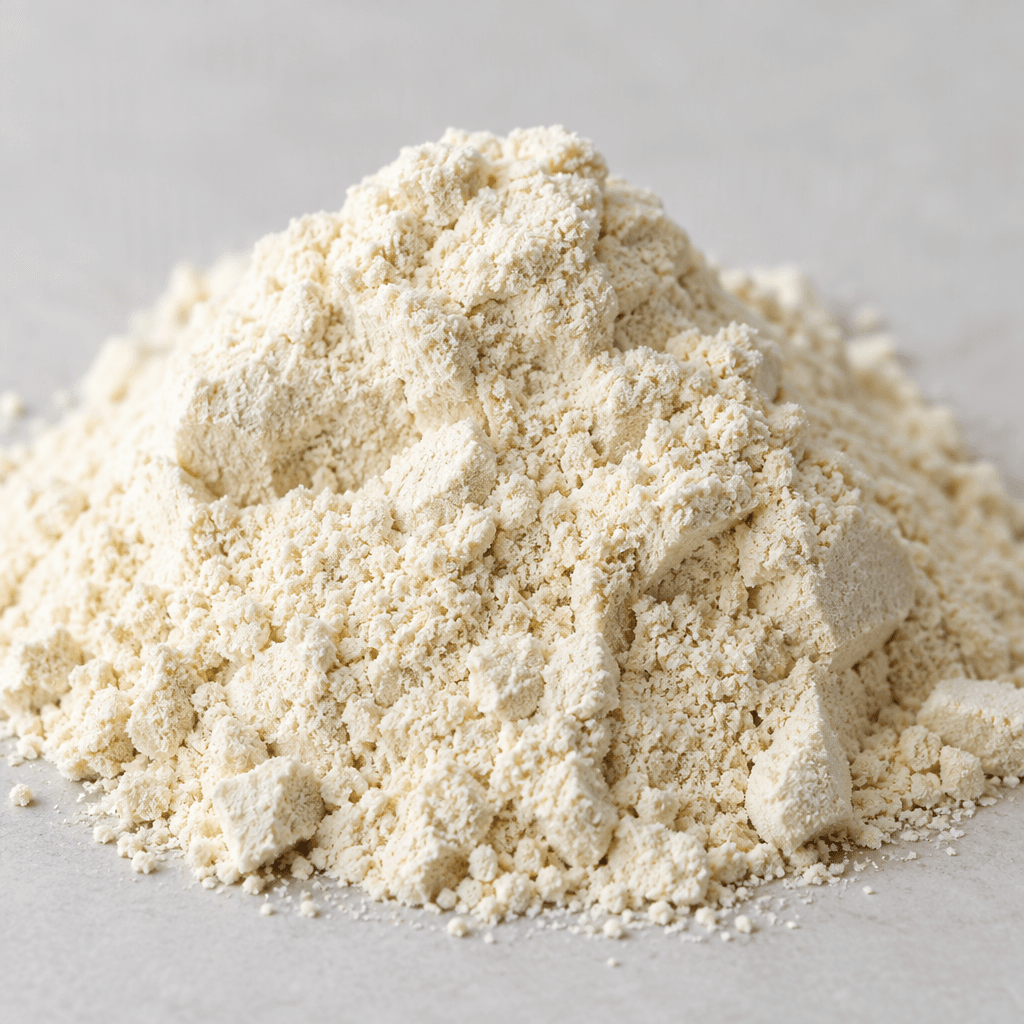 A mound of fine, dry protein powder, pale cream to off-white, with a soft, slightly clumpy texture.