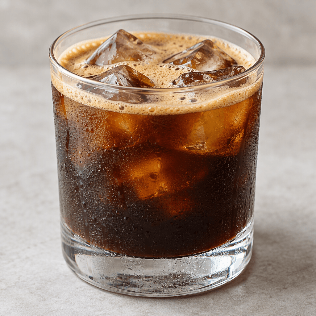 Şeffaf bir bardakta, belirgin buz küpleri ve üzerinde ince, açık kahverengi köpük tabakası bulunan koyu kahverengi espresso görünür.